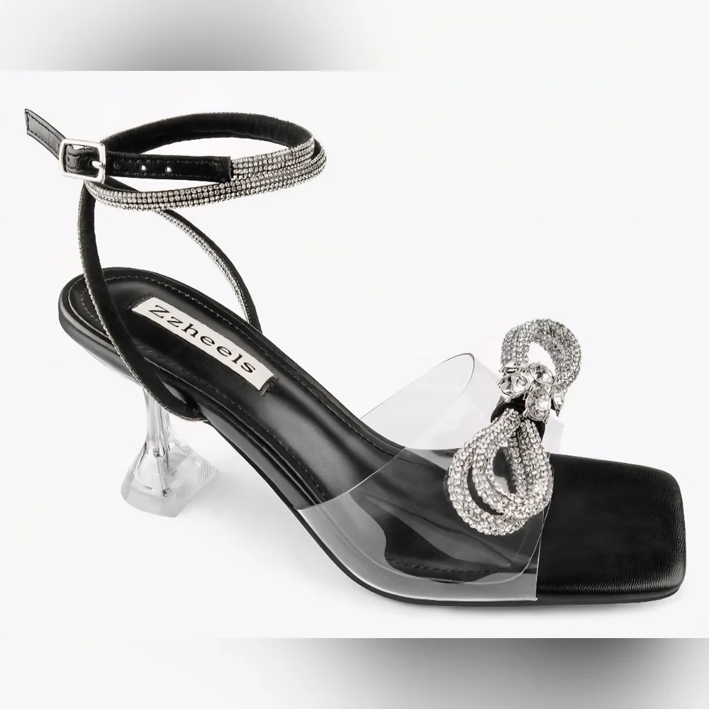 NIB Zzheels Blk Double Bowknots Crystal Clear Slingback Heels Square Toe Size8.5